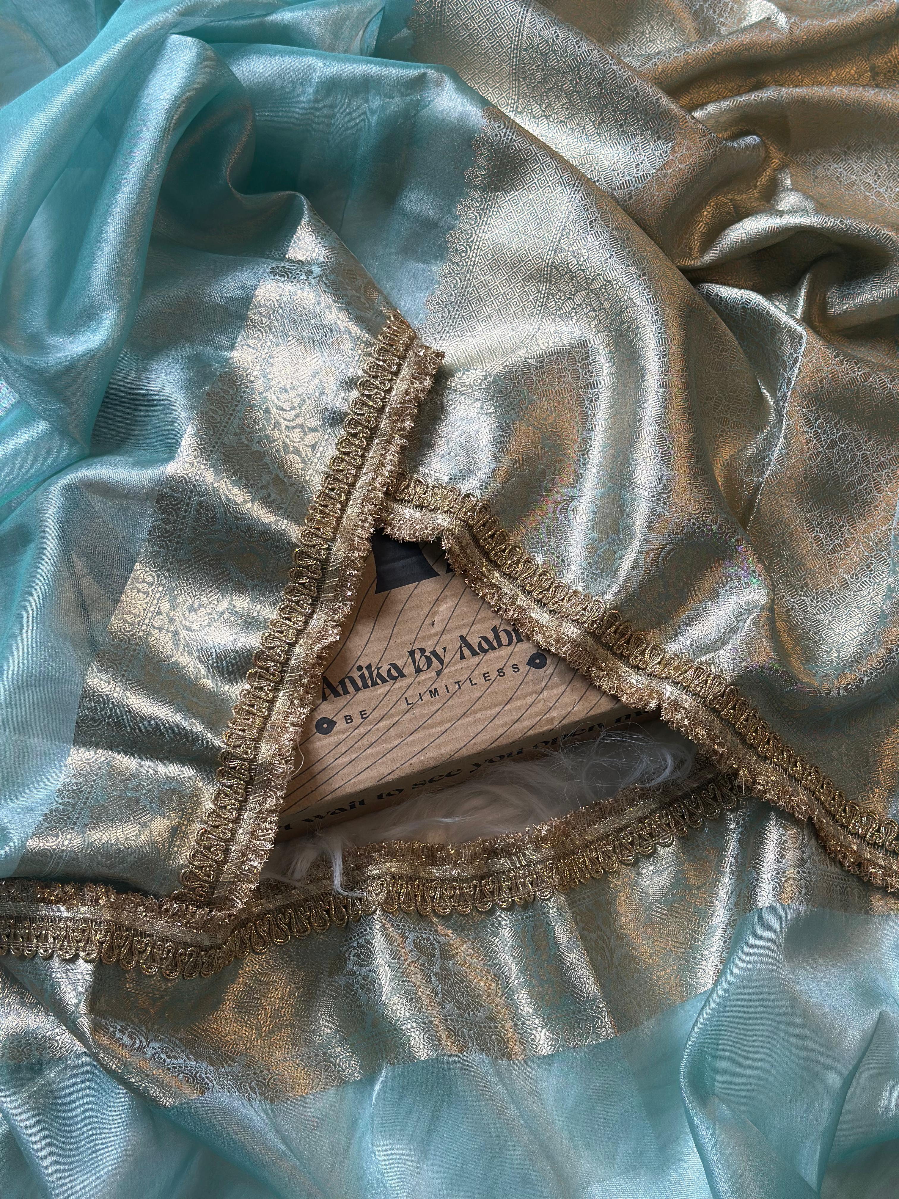 TISSUE LACE SAREE- ANIKA'S BANARASI -SKY BLUE - Image 11