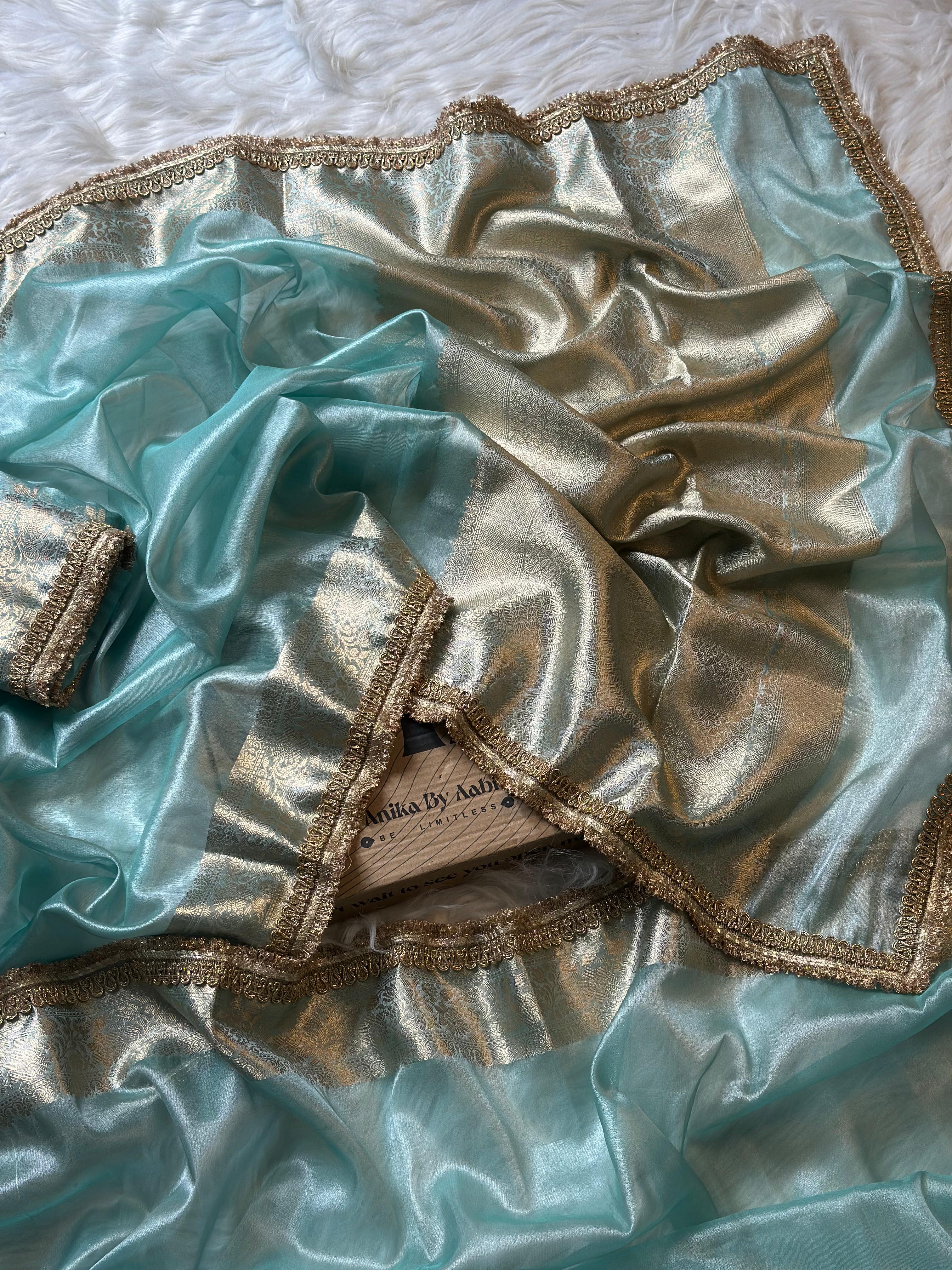 TISSUE LACE SAREE- ANIKA'S BANARASI -SKY BLUE - Image 12