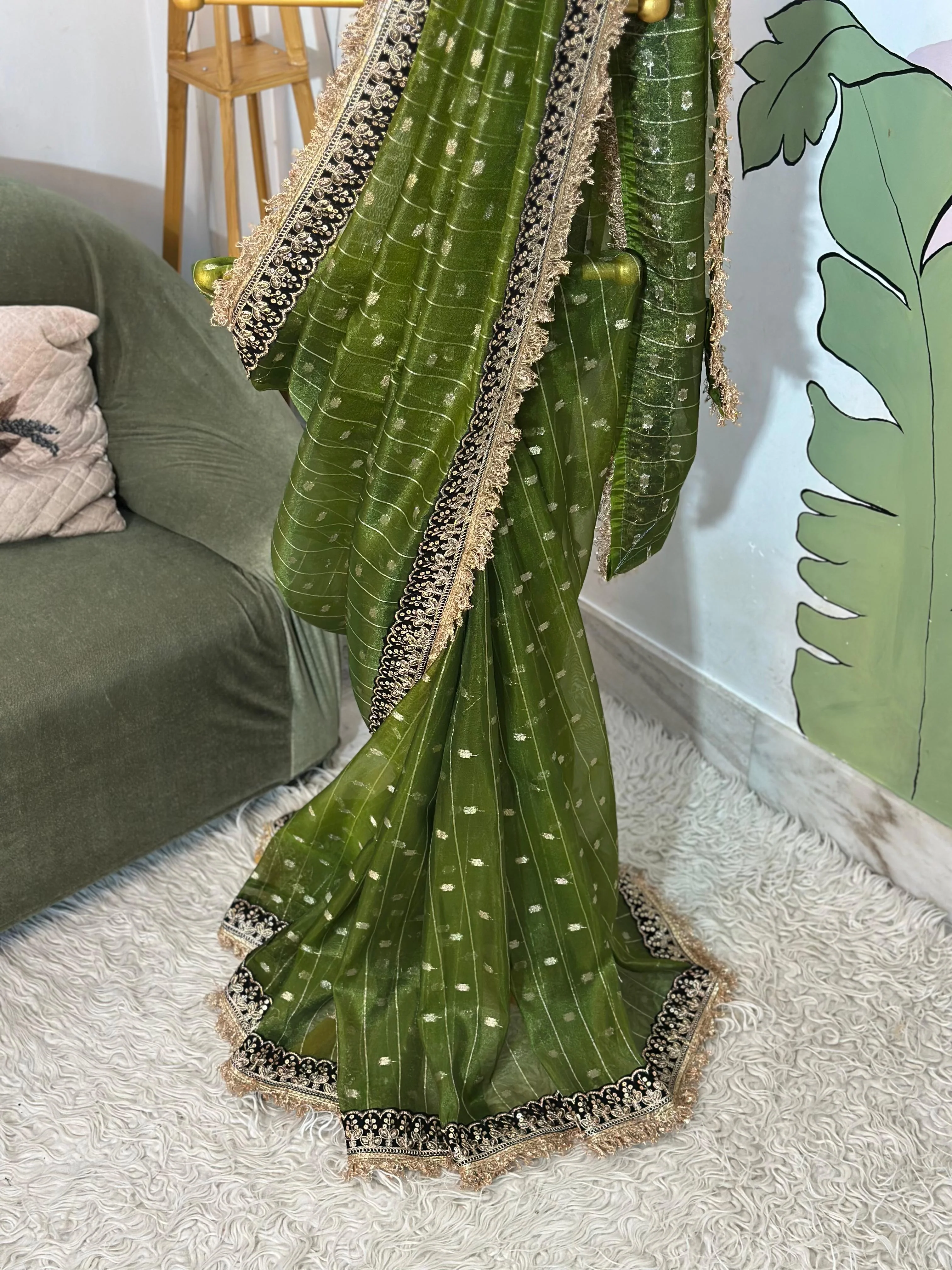 TISSUE LUXE  CHECKS SAREE -Green - Image 3